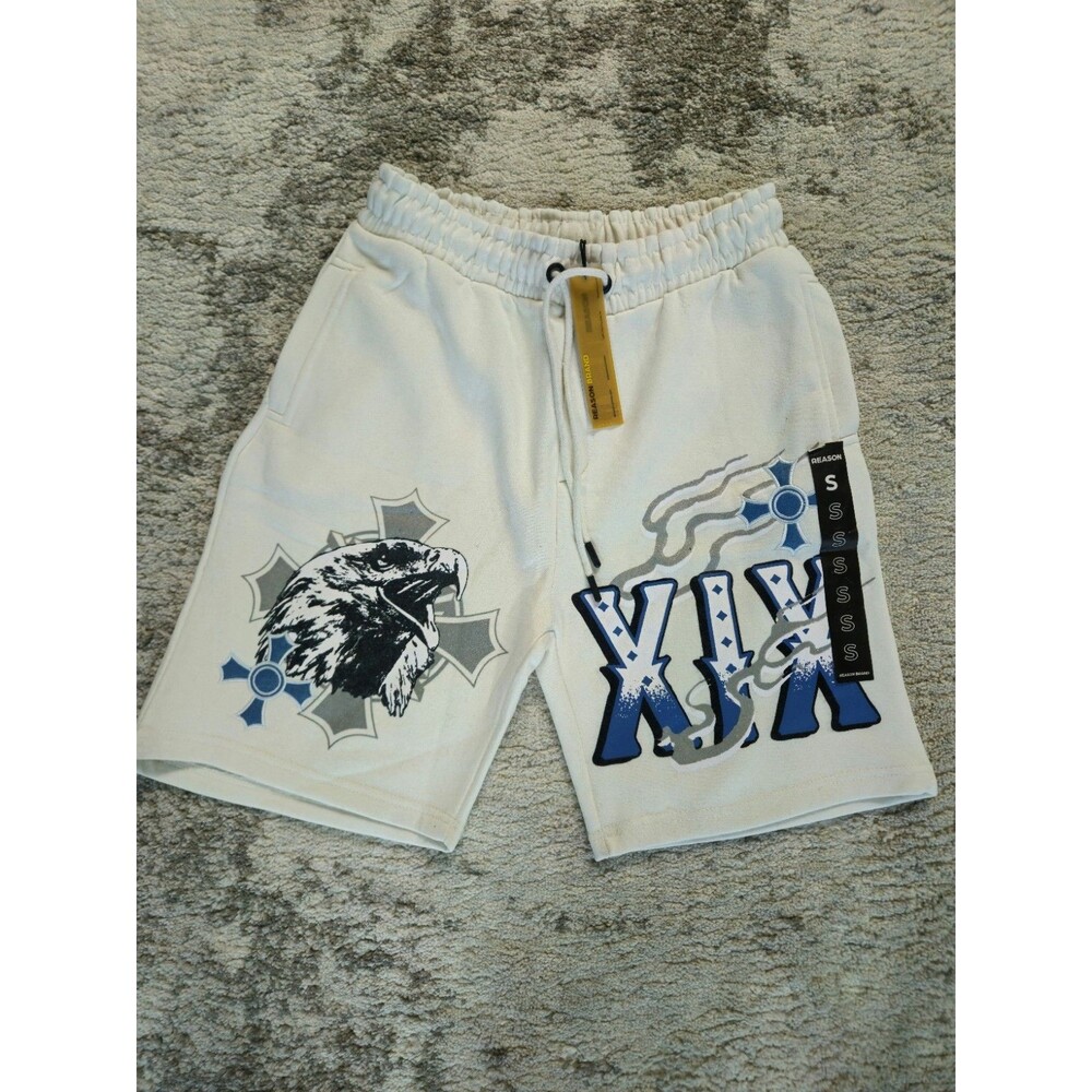 Reason White Graphic Print Sweat Shorts Size S Drawstring Elastic Waist Pockets